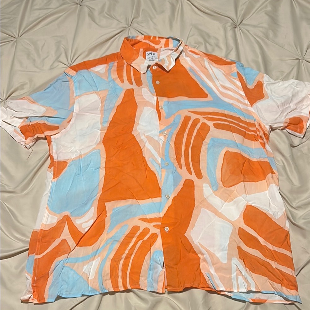 Zara Men's Abstract Orange and Blue Shirt
